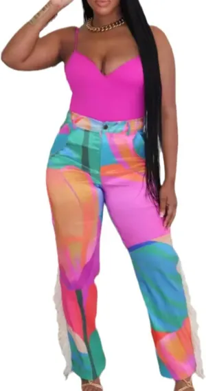 Womens Fringe Pants High Waist Printing Tassel Wide Leg Trousers Joggers Casual Satin Pants