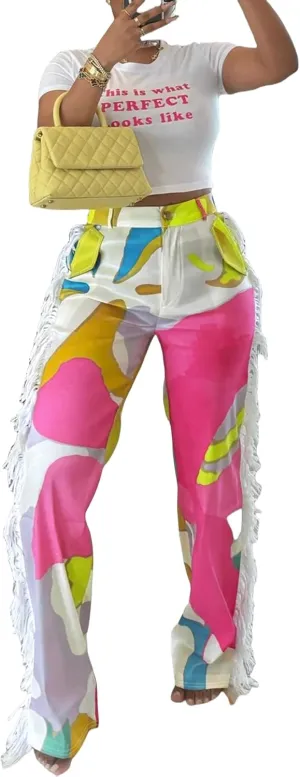 Womens Fringe Pants High Waist Printing Tassel Wide Leg Trousers Joggers Casual Satin Pants