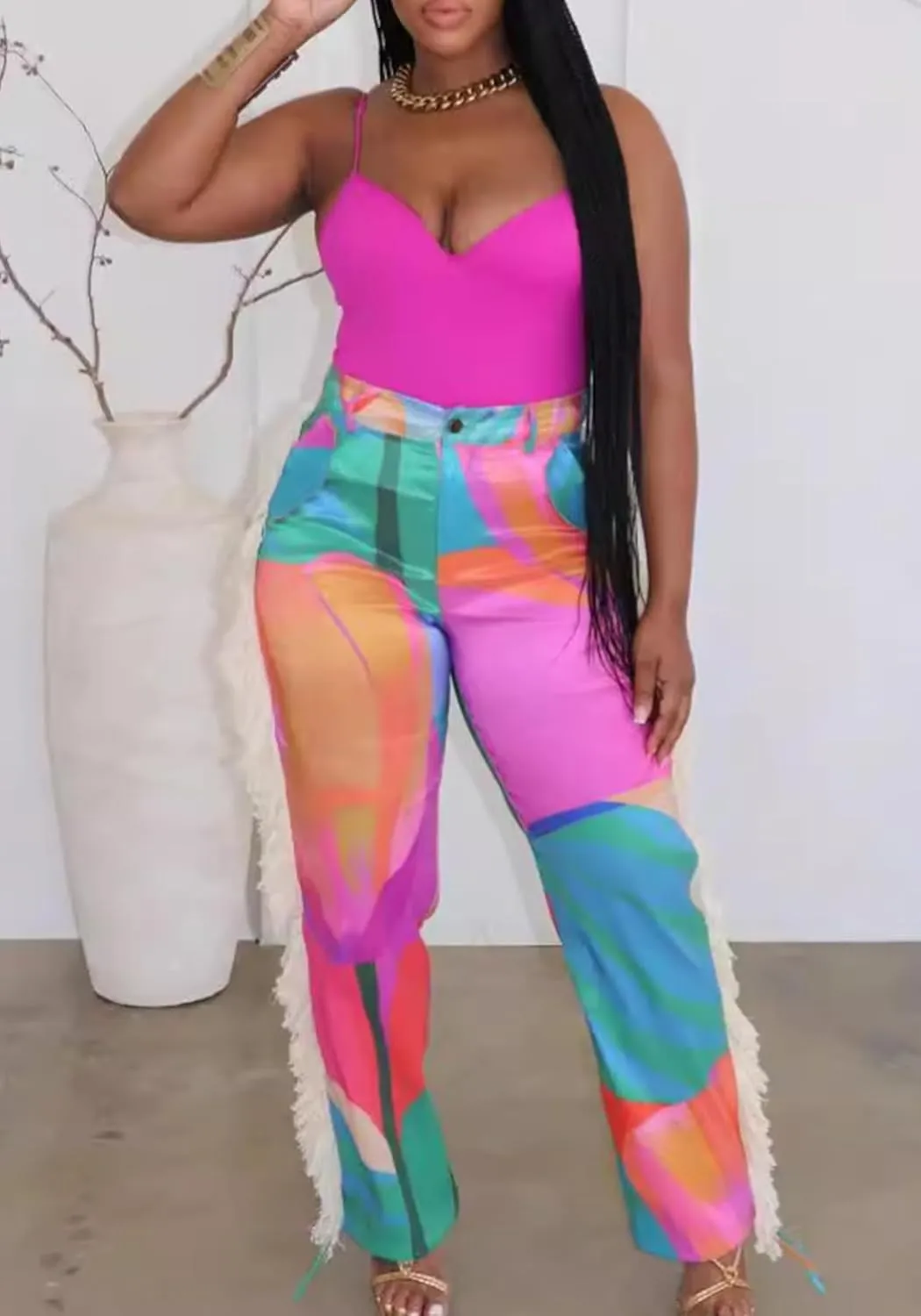 Womens Fringe Pants High Waist Printing Tassel Wide Leg Trousers Joggers Casual Satin Pants