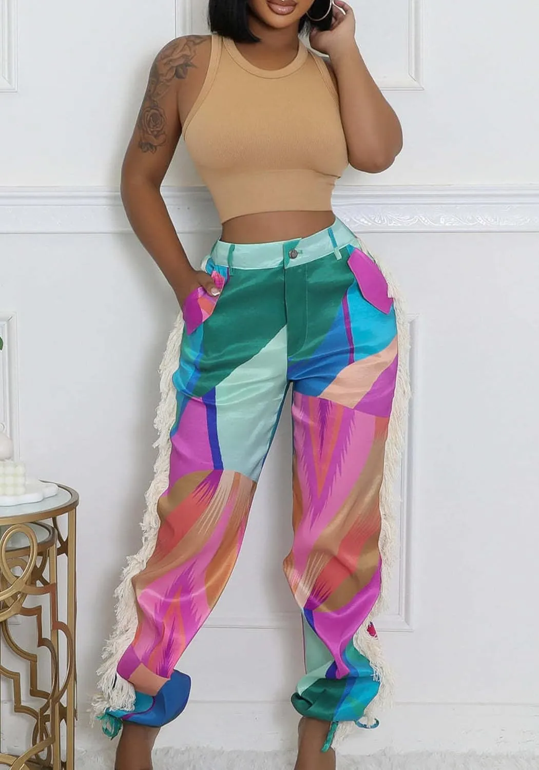Womens Fringe Pants High Waist Printing Tassel Wide Leg Trousers Joggers Casual Satin Pants