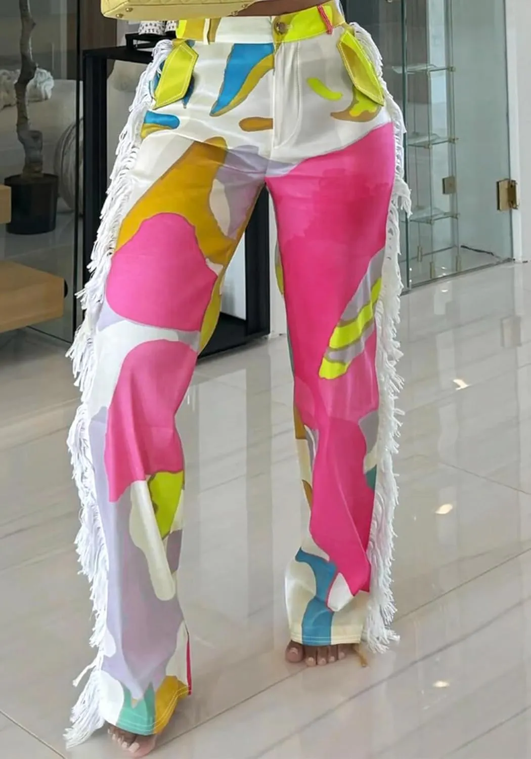 Womens Fringe Pants High Waist Printing Tassel Wide Leg Trousers Joggers Casual Satin Pants