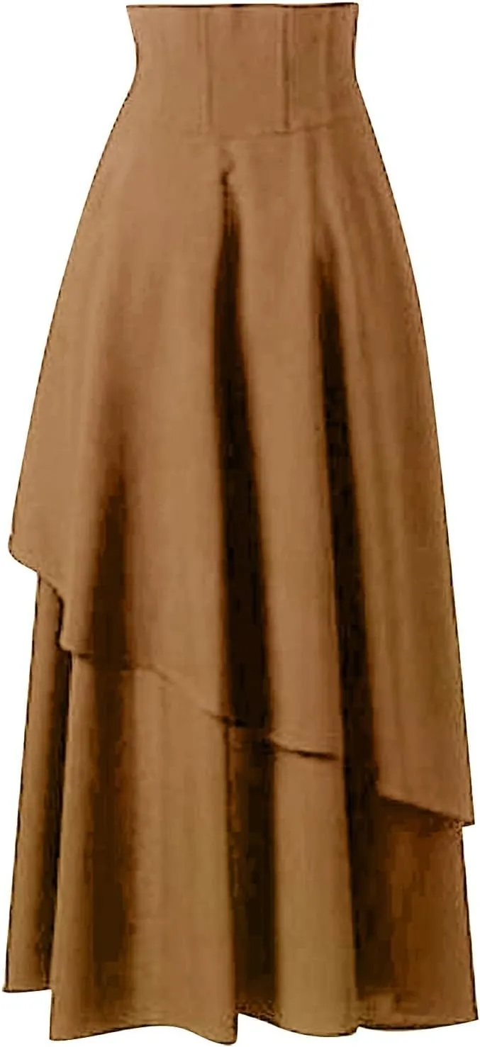Womens Gothic Vintage Skirts Slim Fit Irregular Hem Midi Skirt Tummy Control Drawstring Knee Length Skirts 2025 Clothes