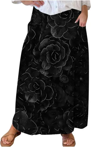 Women's Graphic Skirts Baggy Plus Size High Waisted Stretch Skirt Summer Vacation Boho Skirts with Pockets