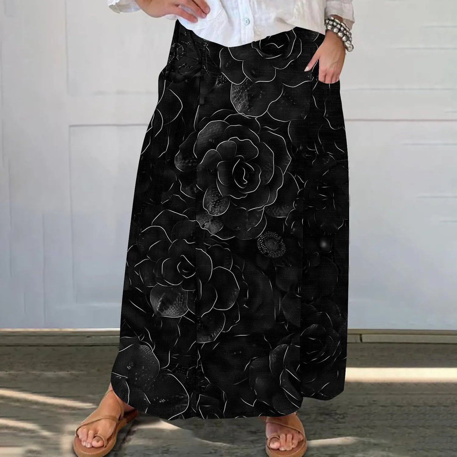 Women's Graphic Skirts Baggy Plus Size High Waisted Stretch Skirt Summer Vacation Boho Skirts with Pockets