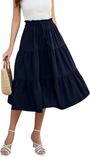 Women's High Elastic Waist Midi Skirt Casual Summer Trendy Tie Front Flowy Ruffle Floral Print a Line Skirts