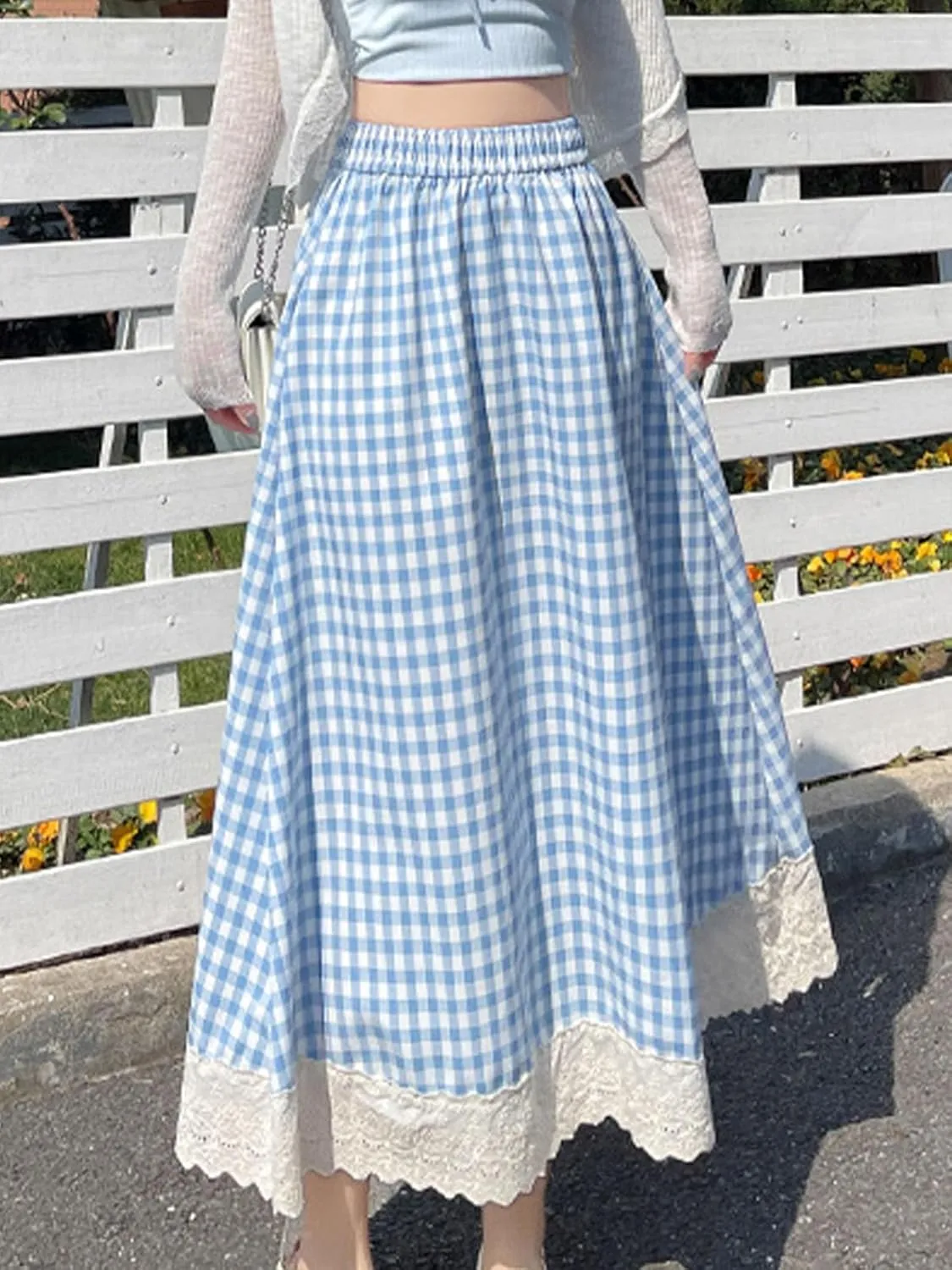 Women's High Waist Casual Plaid Gingham Skirt Lace Eyelet Ruffle Hem A Line Maxi Skirt