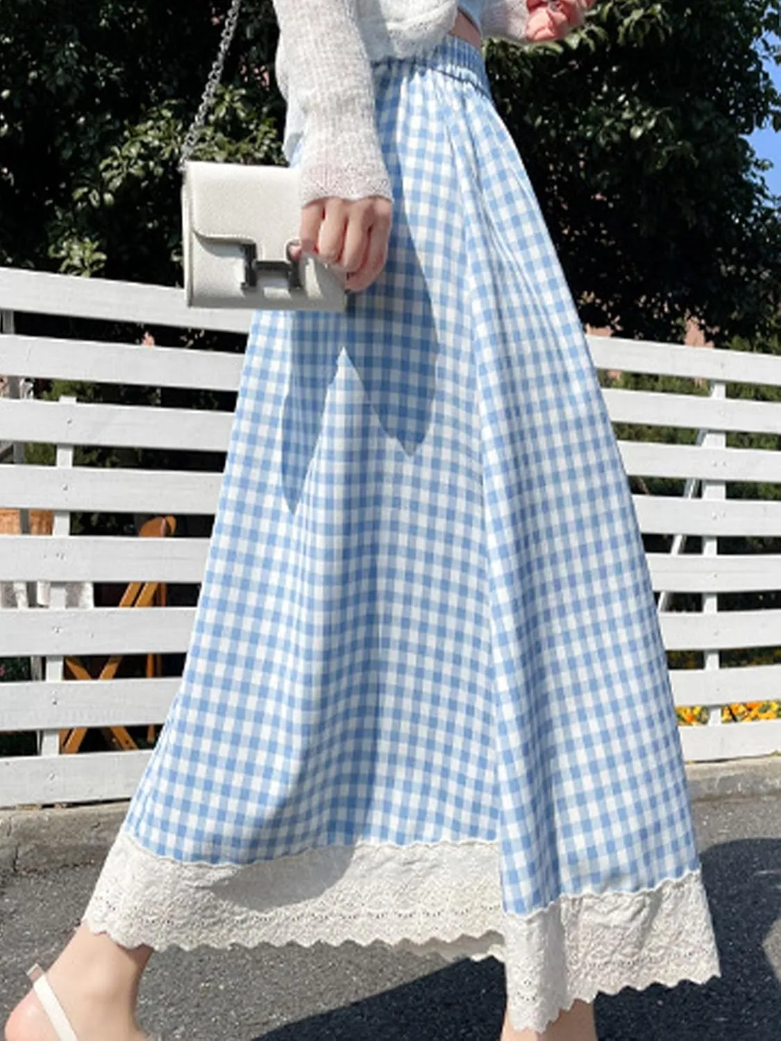 Women's High Waist Casual Plaid Gingham Skirt Lace Eyelet Ruffle Hem A Line Maxi Skirt