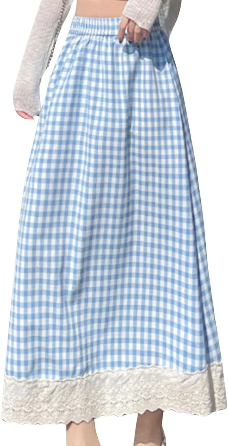 Women's High Waist Casual Plaid Gingham Skirt Lace Eyelet Ruffle Hem A Line Maxi Skirt