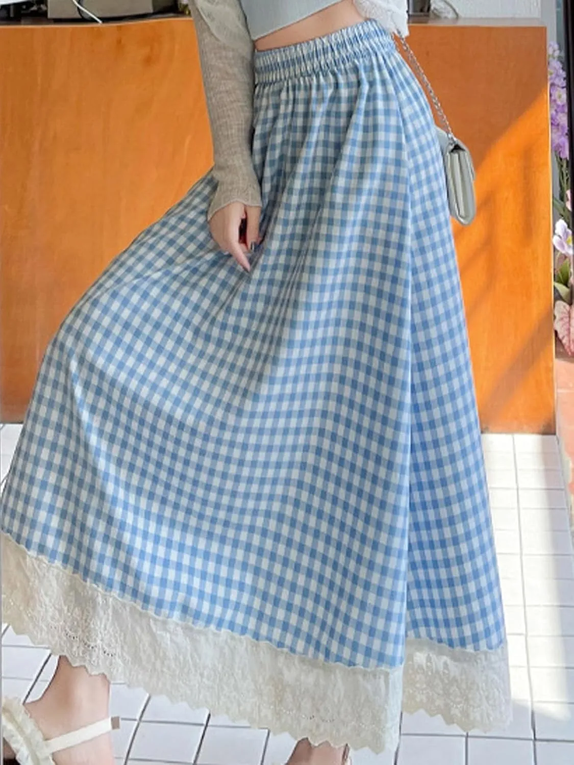 Women's High Waist Casual Plaid Gingham Skirt Lace Eyelet Ruffle Hem A Line Maxi Skirt