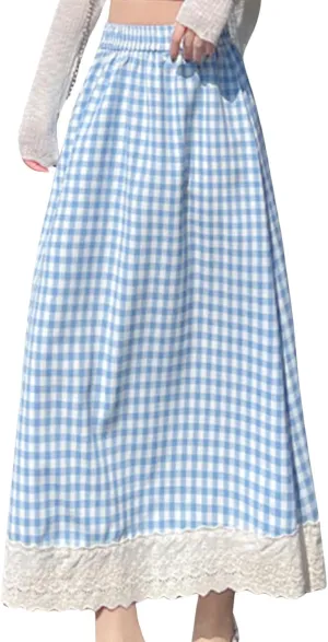 Women's High Waist Casual Plaid Gingham Skirt Lace Eyelet Ruffle Hem A Line Maxi Skirt