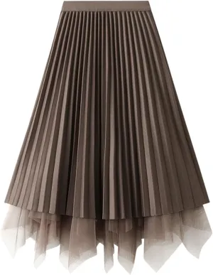 Womens Irregular Tulle Midi Skirts High Waisted Elastic Waisted Pleated Layered Fluffy Skirts Comfy Mesh Fairy Skirts