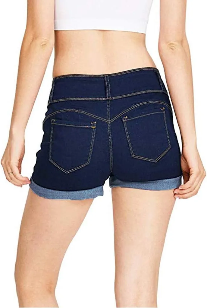 Women's Jean Shorts Button Fly Stretchy High Waisted Jeans Summer Denim Short Pants with Pockets Pull On Beach