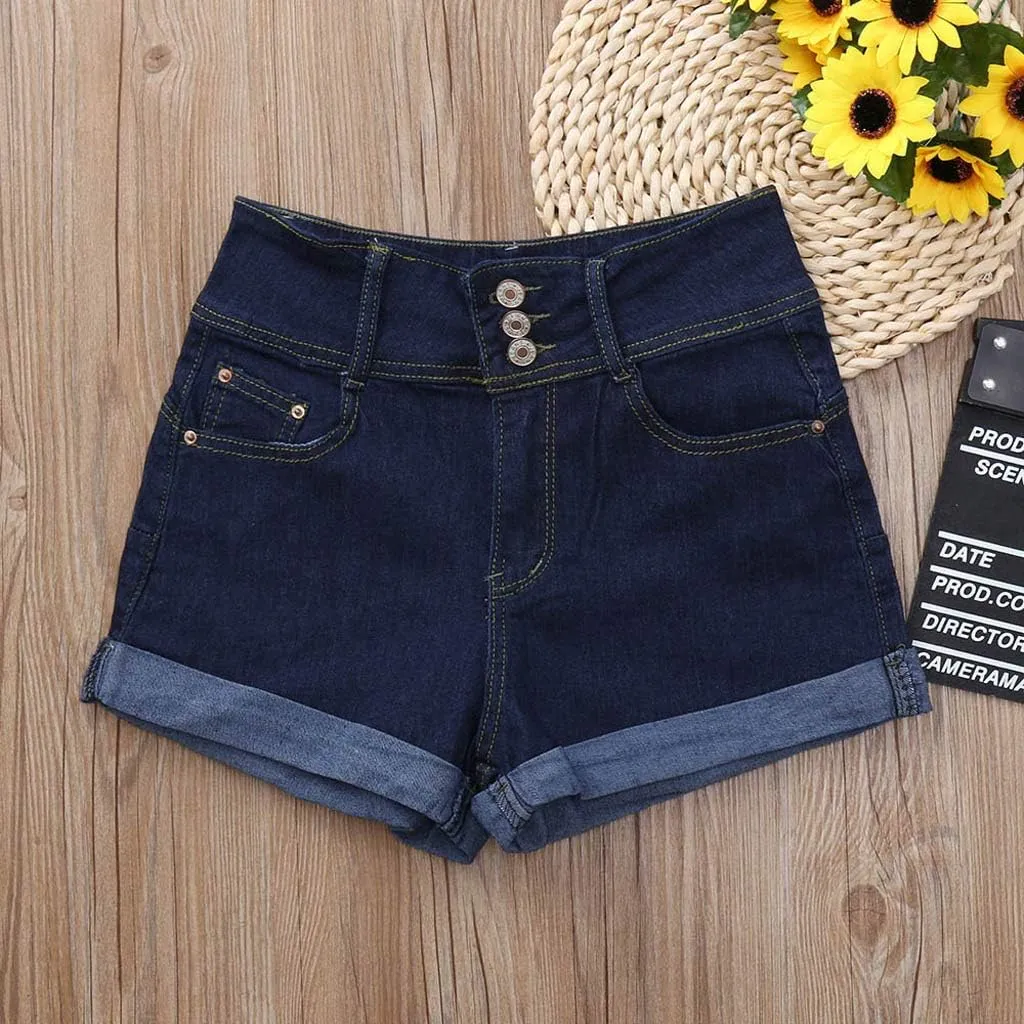 Women's Jean Shorts Button Fly Stretchy High Waisted Jeans Summer Denim Short Pants with Pockets Pull On Beach