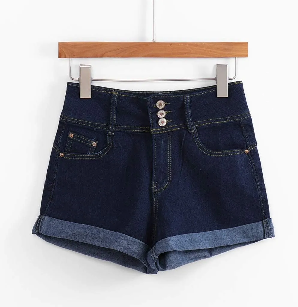 Women's Jean Shorts Button Fly Stretchy High Waisted Jeans Summer Denim Short Pants with Pockets Pull On Beach