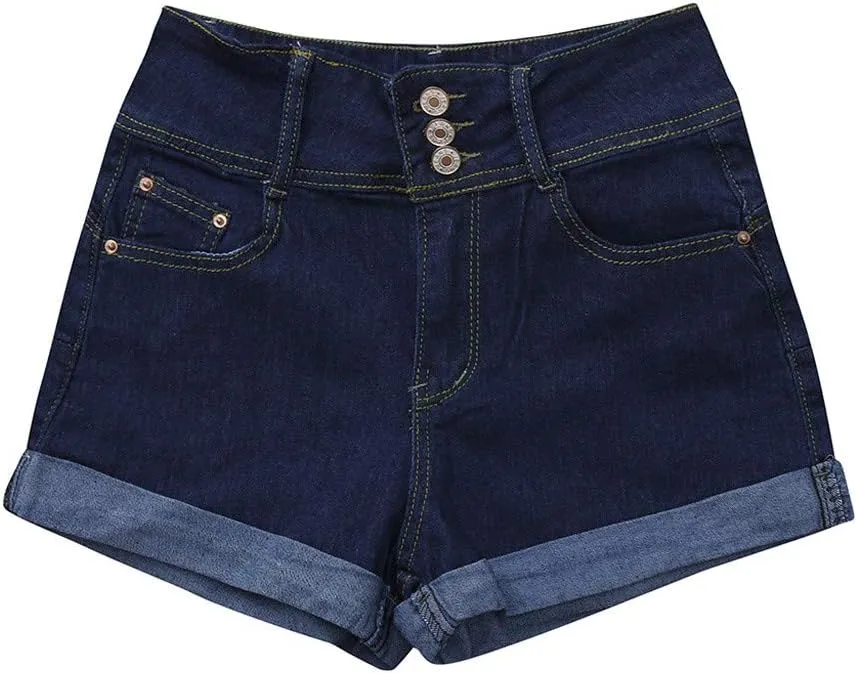 Women's Jean Shorts Button Fly Stretchy High Waisted Jeans Summer Denim Short Pants with Pockets Pull On Beach