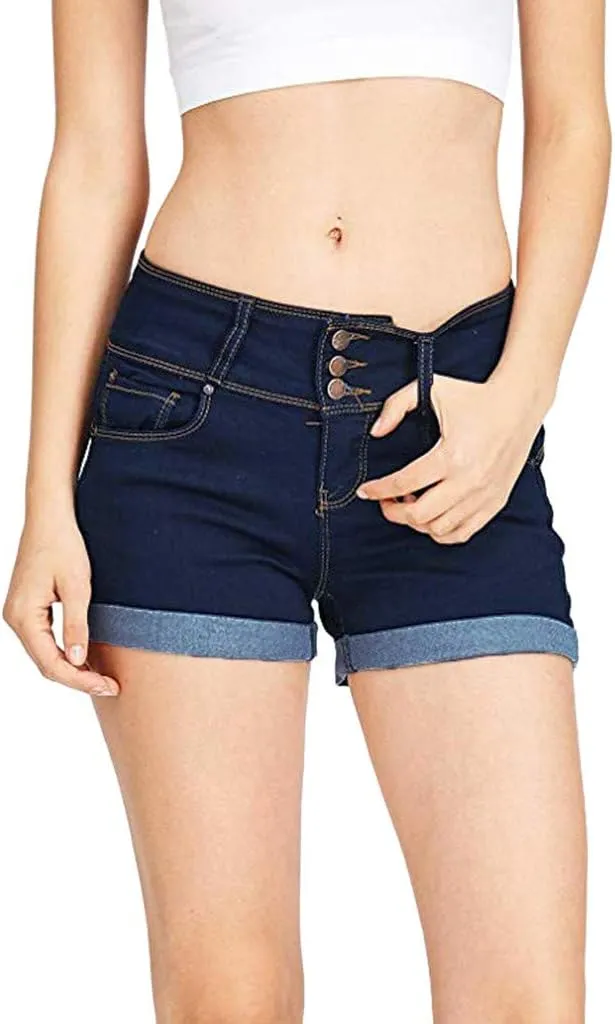Women's Jean Shorts Button Fly Stretchy High Waisted Jeans Summer Denim Short Pants with Pockets Pull On Beach