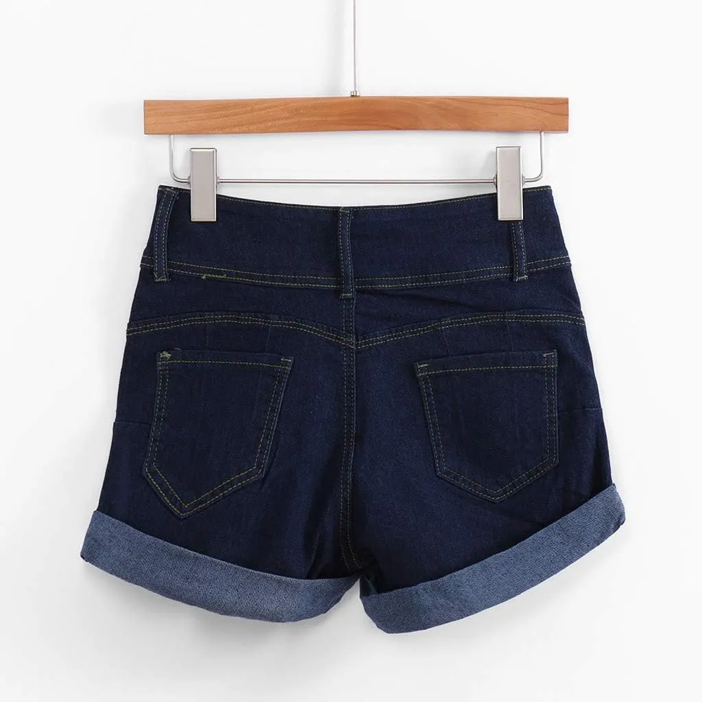 Women's Jean Shorts Button Fly Stretchy High Waisted Jeans Summer Denim Short Pants with Pockets Pull On Beach