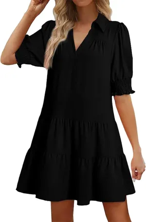 Womens Lapel V Neck Cute Shift Tierd Dress with Pockets Bell Sleeve Ruffle Hem Loose Swing Summer Tunic Mini Dress