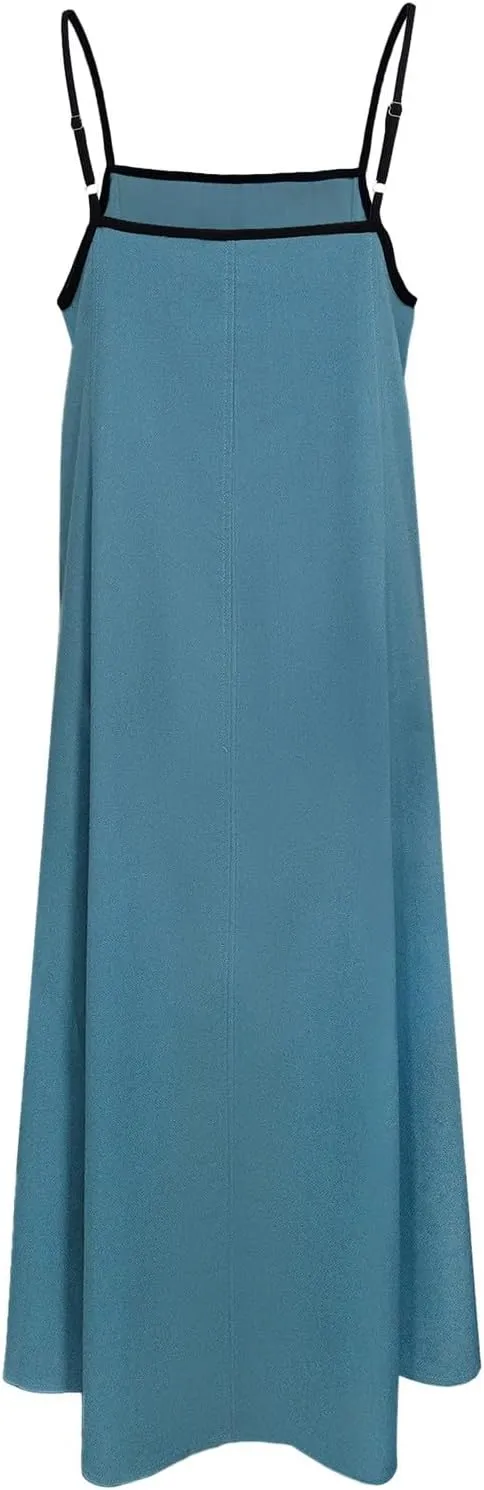 Womens Linen Maxi Dress Contrast Trim Spaghetti Straps Summer Outfits Travel Vacation Sleeveless Long Dresses