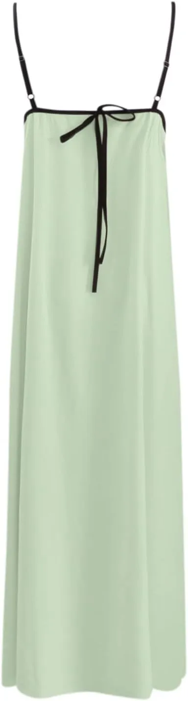 Womens Linen Maxi Dress Contrast Trim Spaghetti Straps Summer Outfits Travel Vacation Sleeveless Long Dresses