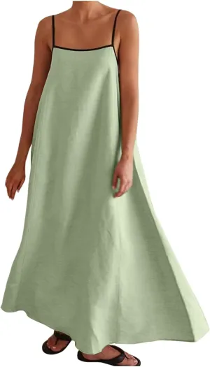 Womens Linen Maxi Dress Contrast Trim Spaghetti Straps Summer Outfits Travel Vacation Sleeveless Long Dresses