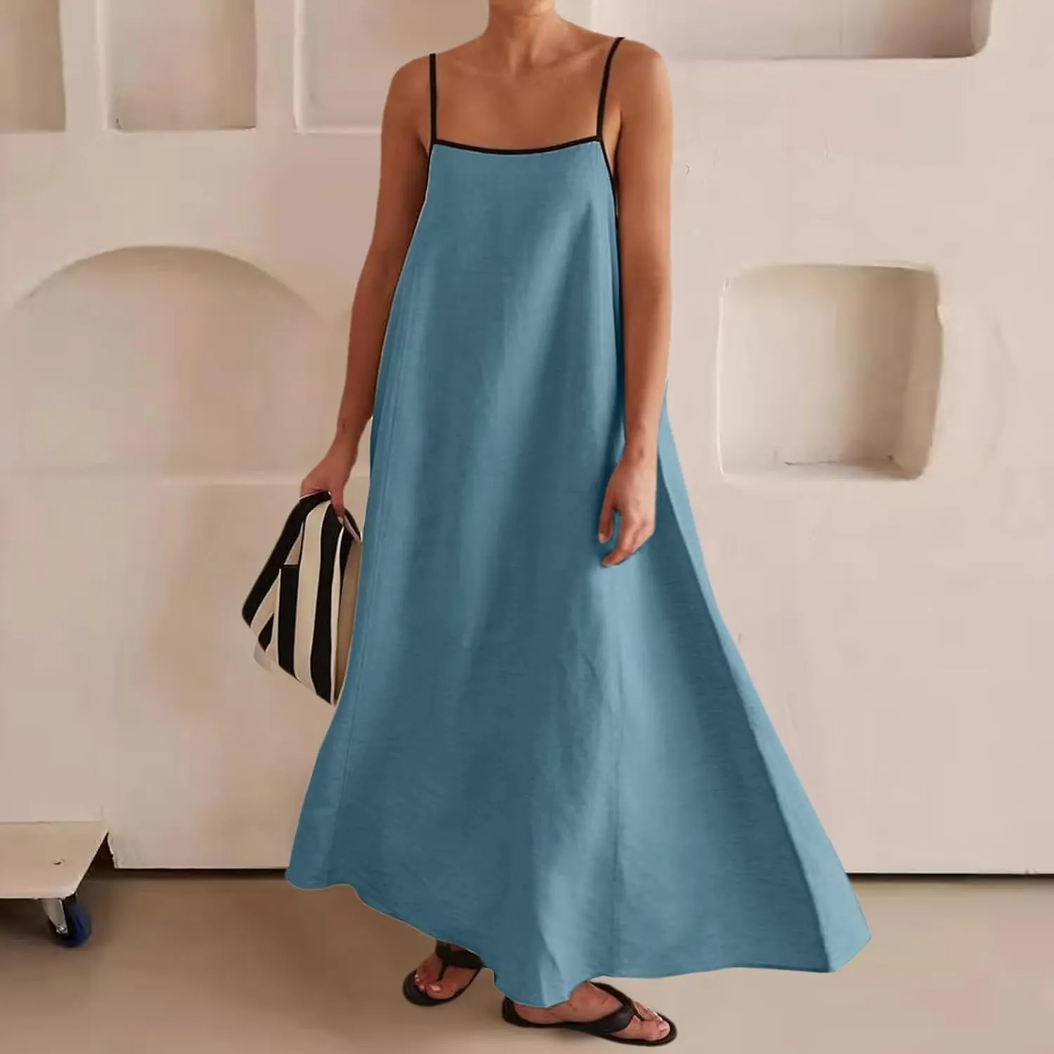 Womens Linen Maxi Dress Contrast Trim Spaghetti Straps Summer Outfits Travel Vacation Sleeveless Long Dresses