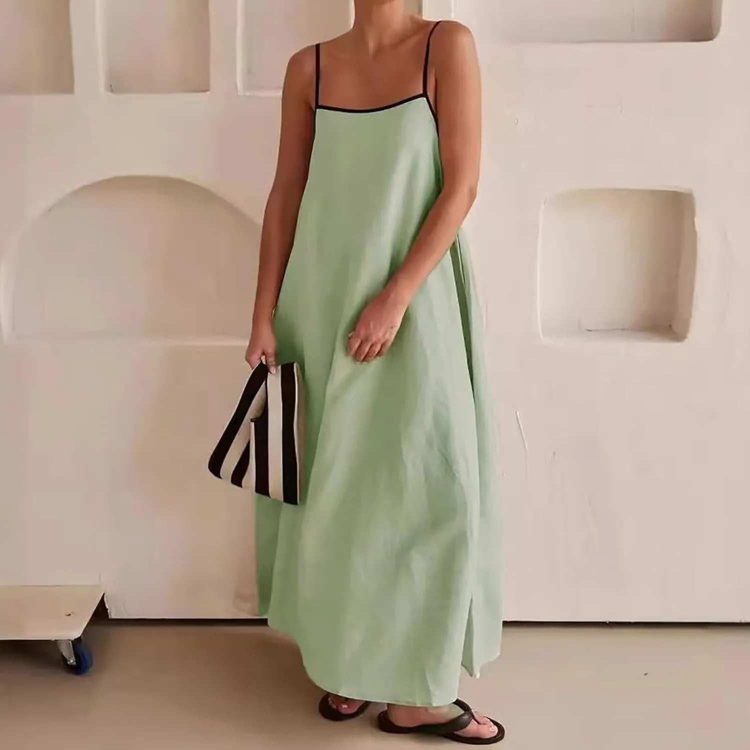 Womens Linen Maxi Dress Contrast Trim Spaghetti Straps Summer Outfits Travel Vacation Sleeveless Long Dresses