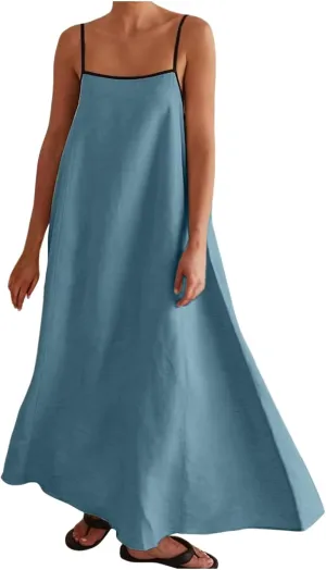 Womens Linen Maxi Dress Contrast Trim Spaghetti Straps Summer Outfits Travel Vacation Sleeveless Long Dresses