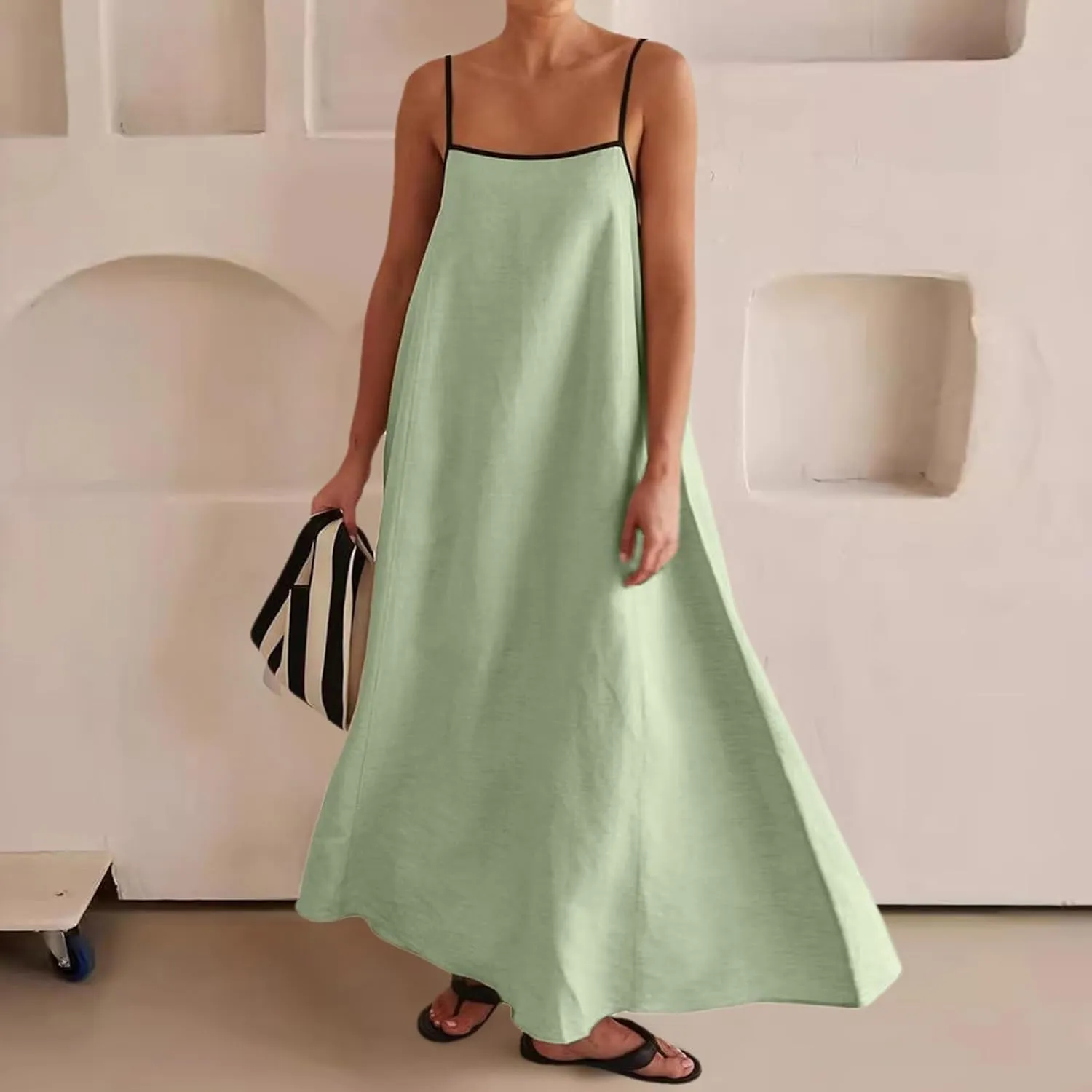 Womens Linen Maxi Dress Contrast Trim Spaghetti Straps Summer Outfits Travel Vacation Sleeveless Long Dresses
