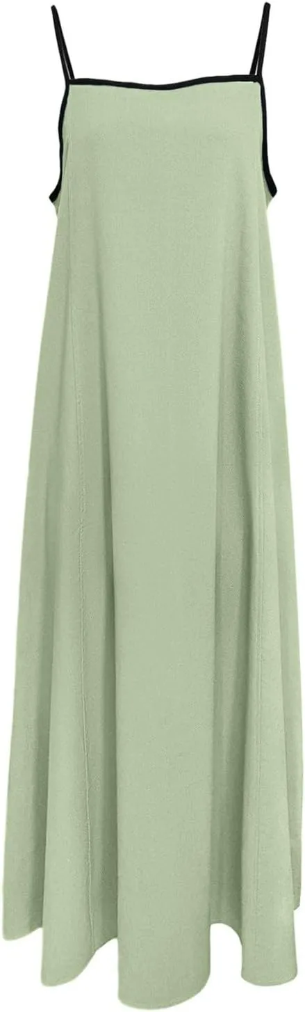 Womens Linen Maxi Dress Contrast Trim Spaghetti Straps Summer Outfits Travel Vacation Sleeveless Long Dresses