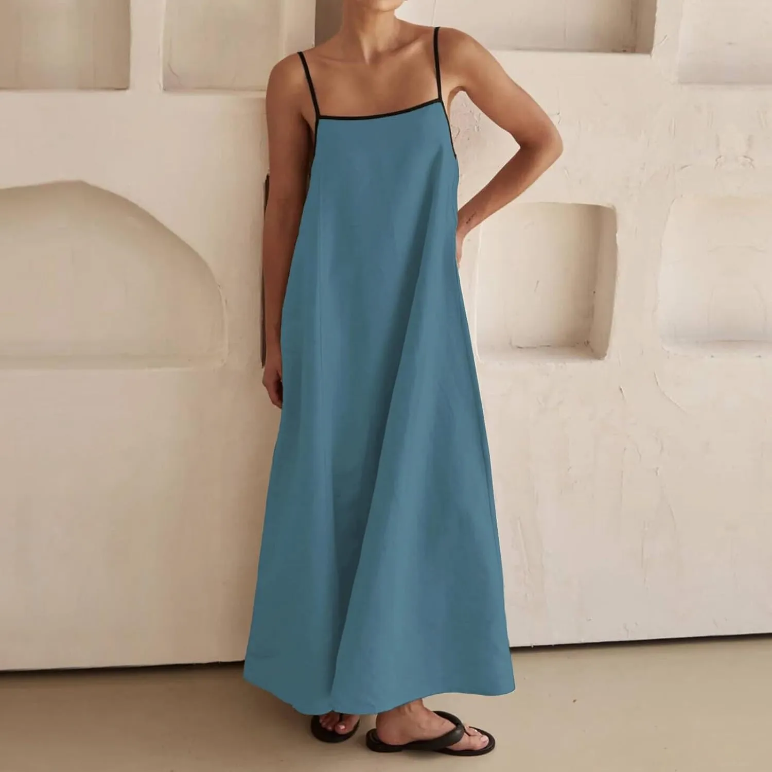 Womens Linen Maxi Dress Contrast Trim Spaghetti Straps Summer Outfits Travel Vacation Sleeveless Long Dresses
