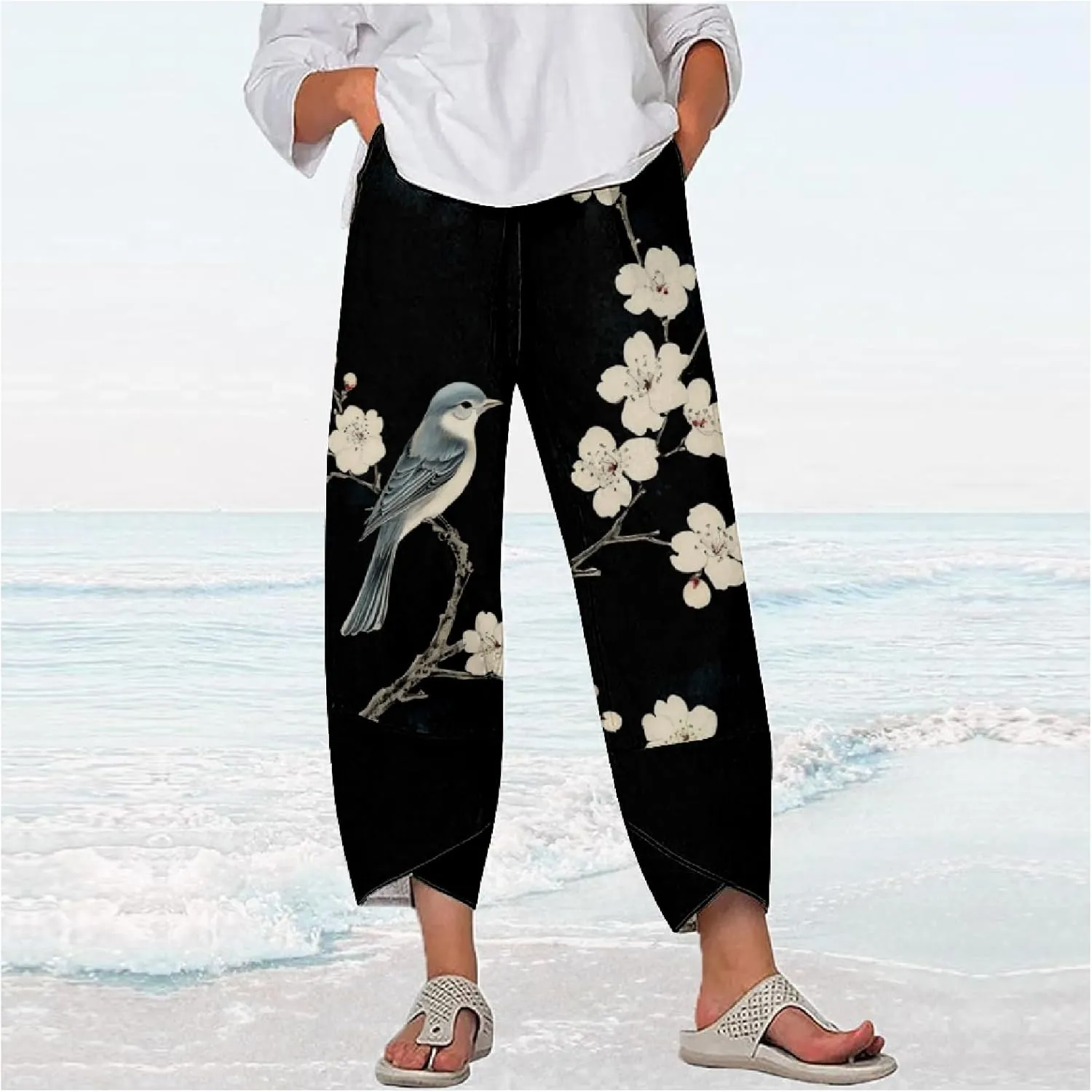 Womens Linen Pants Capri Boho Wide Leg Pants with Pockets Flowy Vintage Floral Printed Cotton Trousers Summer