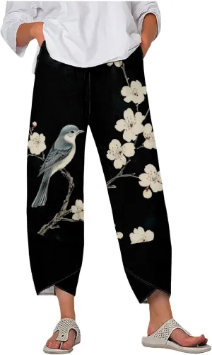 Womens Linen Pants Capri Boho Wide Leg Pants with Pockets Flowy Vintage Floral Printed Cotton Trousers Summer