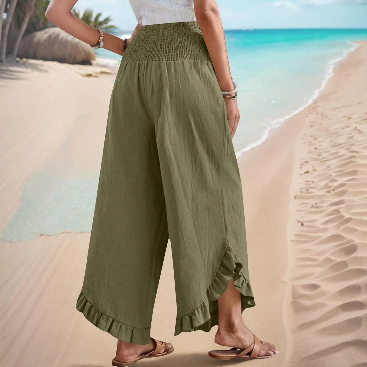 Womens Linen Pants Summer High Waist Ruffle Hem Bohemia Flowy Wide Leg Palazzo Trousers Beach Vacation Clothes