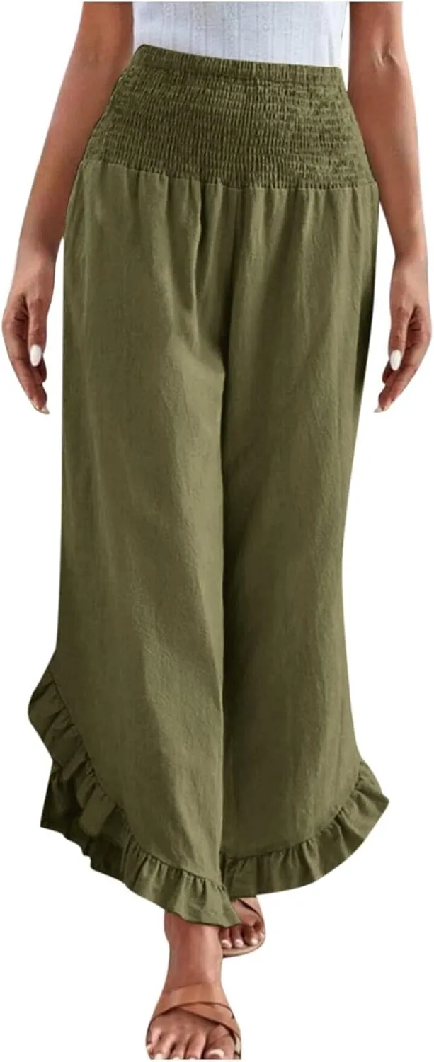 Womens Linen Pants Summer High Waist Ruffle Hem Bohemia Flowy Wide Leg Palazzo Trousers Beach Vacation Clothes