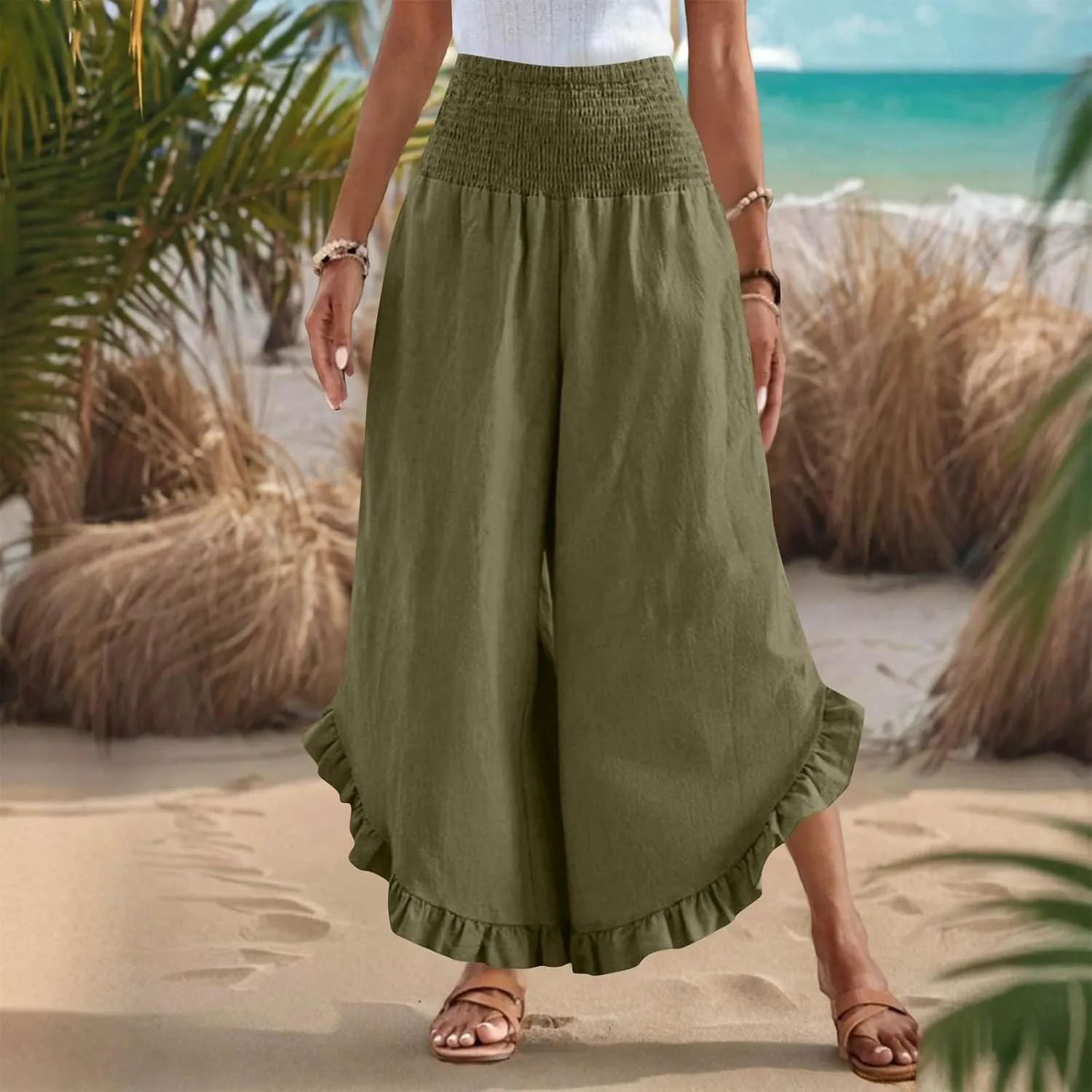 Womens Linen Pants Summer High Waist Ruffle Hem Bohemia Flowy Wide Leg Palazzo Trousers Beach Vacation Clothes