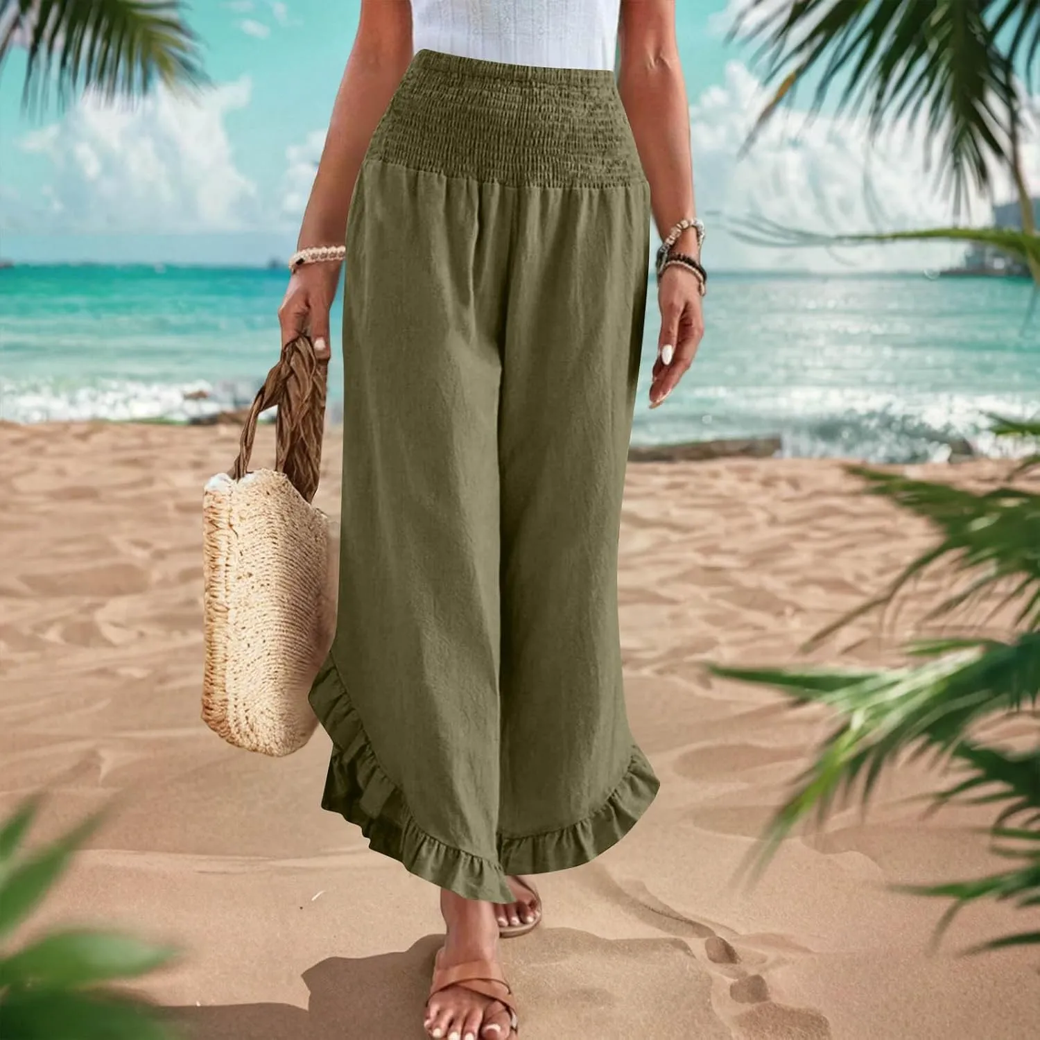 Womens Linen Pants Summer High Waist Ruffle Hem Bohemia Flowy Wide Leg Palazzo Trousers Beach Vacation Clothes