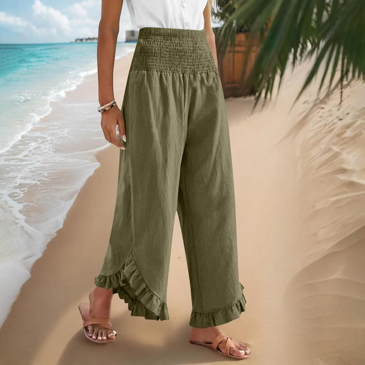 Womens Linen Pants Summer High Waist Ruffle Hem Bohemia Flowy Wide Leg Palazzo Trousers Beach Vacation Clothes