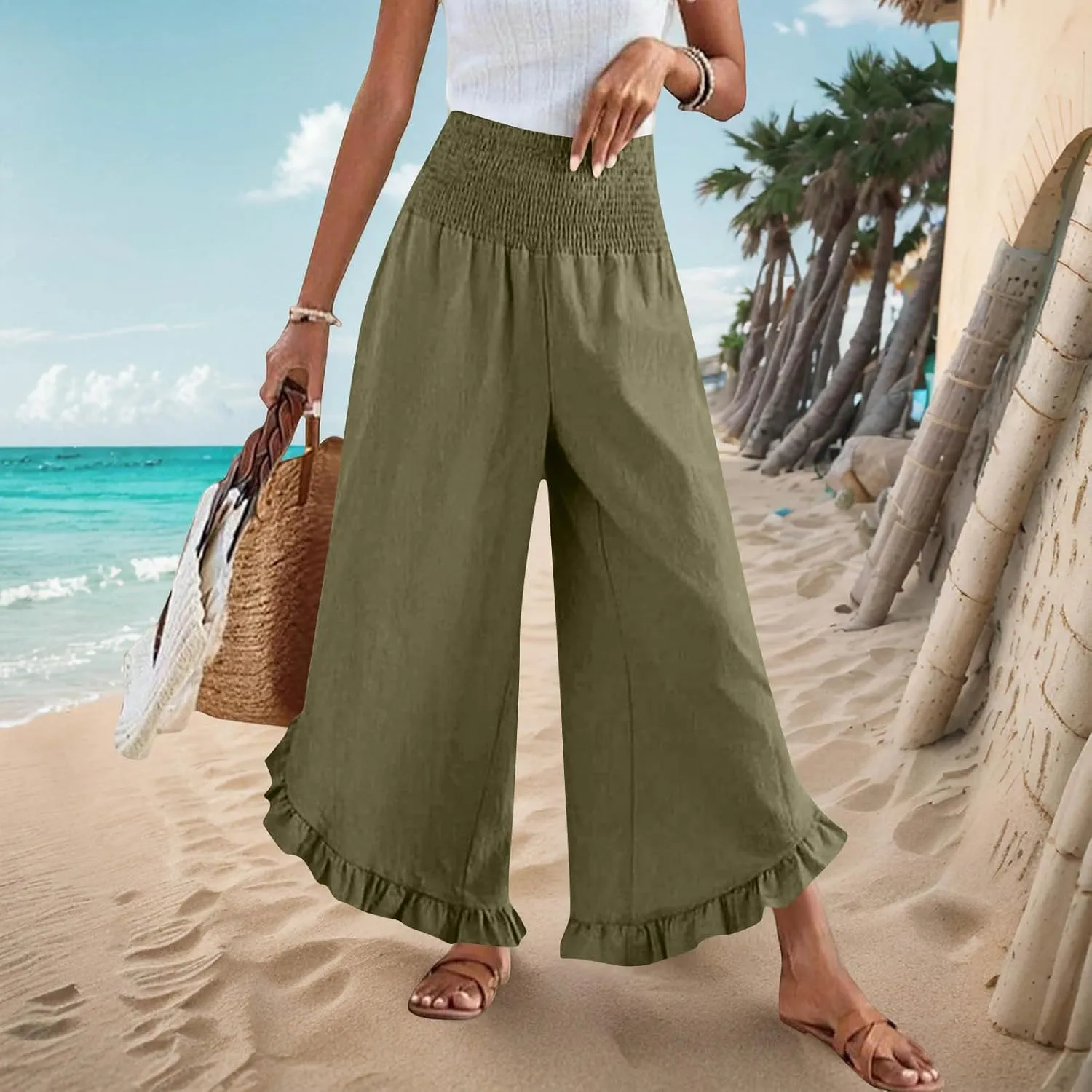 Womens Linen Pants Summer High Waist Ruffle Hem Bohemia Flowy Wide Leg Palazzo Trousers Beach Vacation Clothes