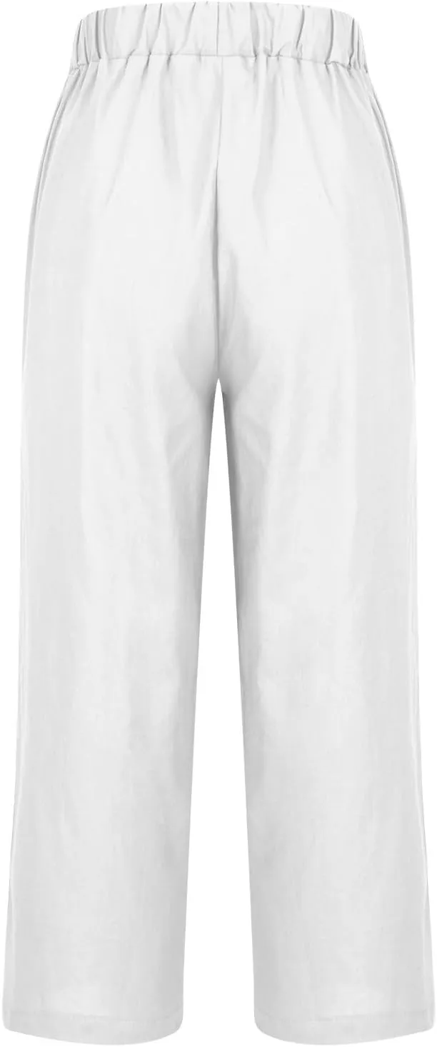 Womens Linen Pants with Pockets Casual Ankle Pant High Waist Comfy Lightweight Loose Trousers Beach Cropped Pants