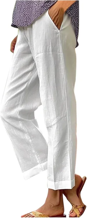 Womens Linen Pants with Pockets Casual Ankle Pant High Waist Comfy Lightweight Loose Trousers Beach Cropped Pants