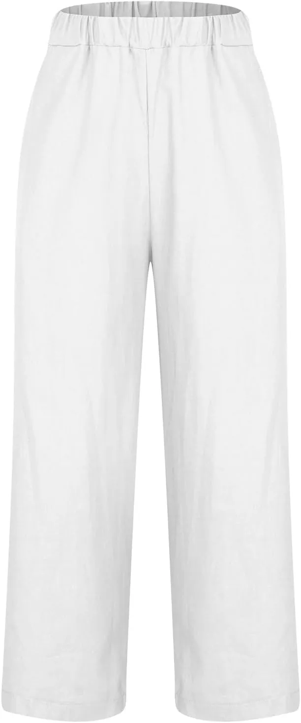 Womens Linen Pants with Pockets Casual Ankle Pant High Waist Comfy Lightweight Loose Trousers Beach Cropped Pants