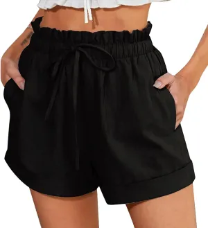 Women's Linen Shorts High Waisted Pleated Casual Bermuda Pants Lightweight Loose Wide Leg Workout Short with Pockets