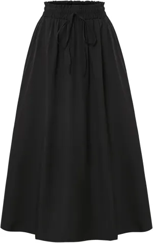 Women's Linen Skirts Knee Length Midi Skirt Summer Drawstring High Waisted Boho Skirt Smocked Aline with Pockets