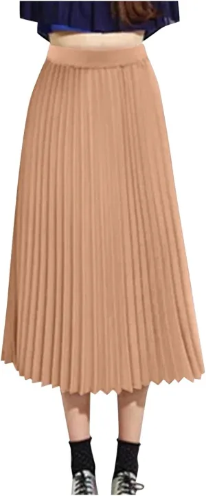 Women's Long Skirts Solid Tiered Pleated High Waist Flowy Skirt