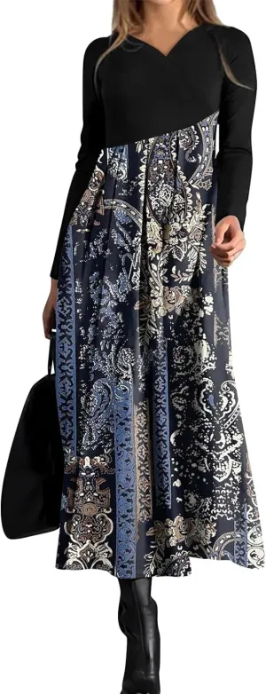 Womens Long Sleeve Formal Long Dresses Plus Size Fall Winter Casual Wedding Guest Cocktail Party Swing Midi Dress