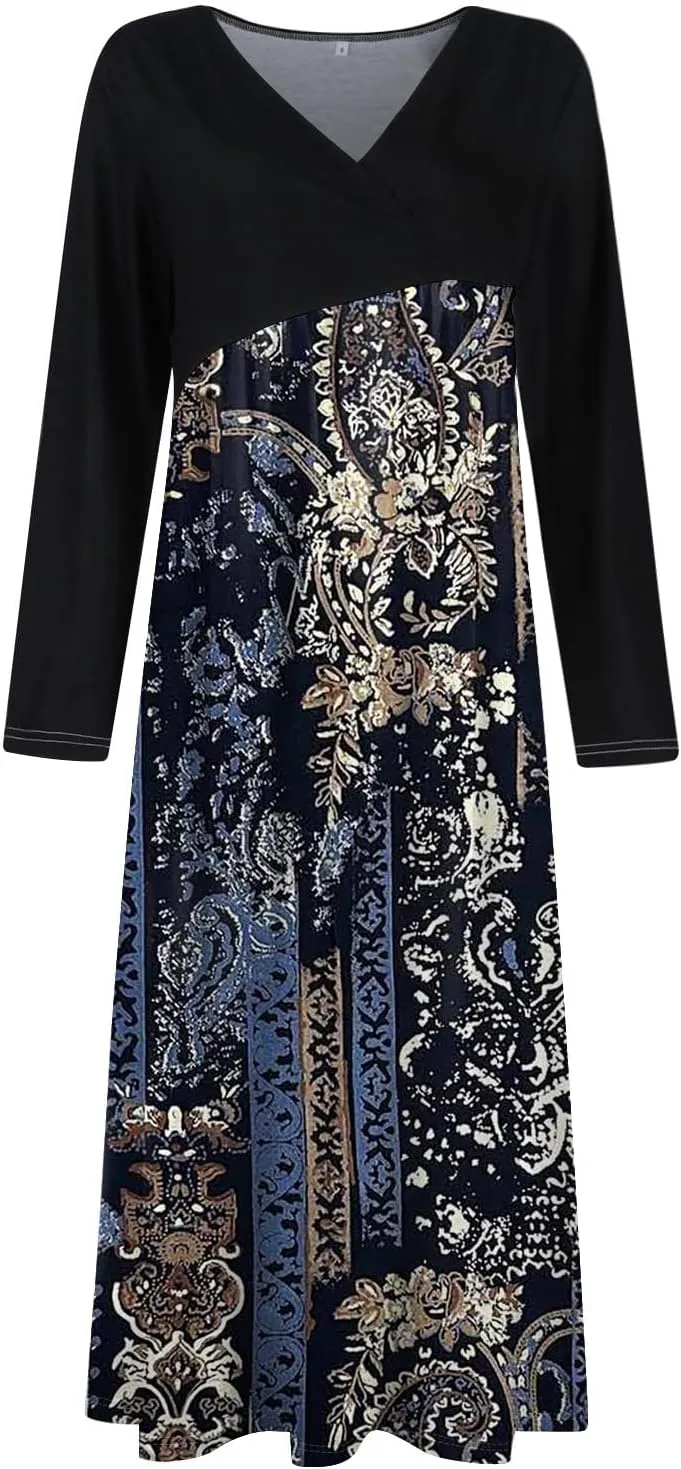 Womens Long Sleeve Formal Long Dresses Plus Size Fall Winter Casual Wedding Guest Cocktail Party Swing Midi Dress