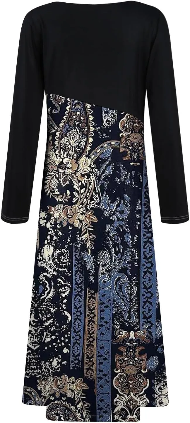 Womens Long Sleeve Formal Long Dresses Plus Size Fall Winter Casual Wedding Guest Cocktail Party Swing Midi Dress