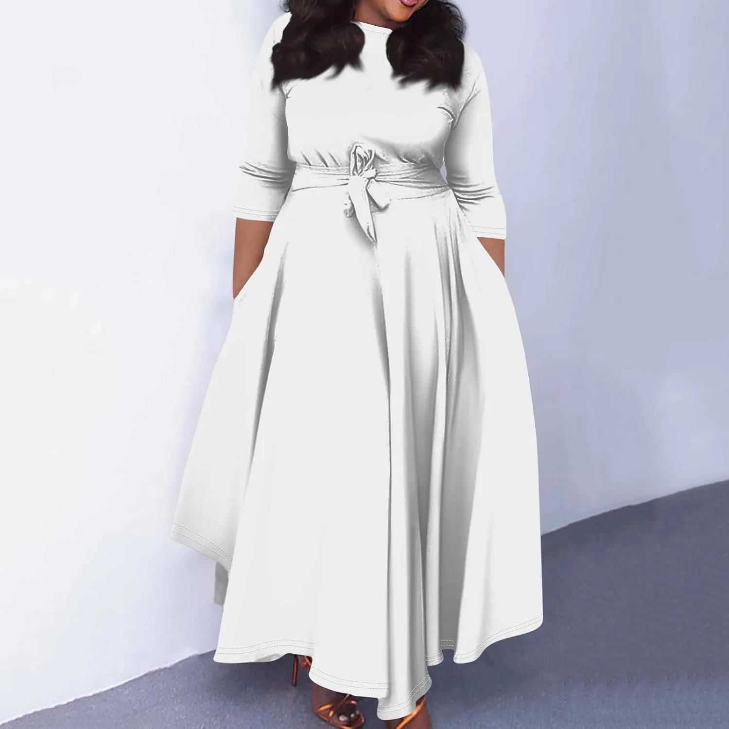 Women's Long Summer Dresses 2025 Plus Size Solid Color Crew Neck 3/4 Sleeve Smocked Straps Maxi Dresses, XL-5XL