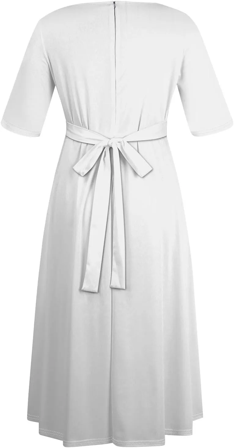 Women's Long Summer Dresses 2025 Plus Size Solid Color Crew Neck 3/4 Sleeve Smocked Straps Maxi Dresses, XL-5XL